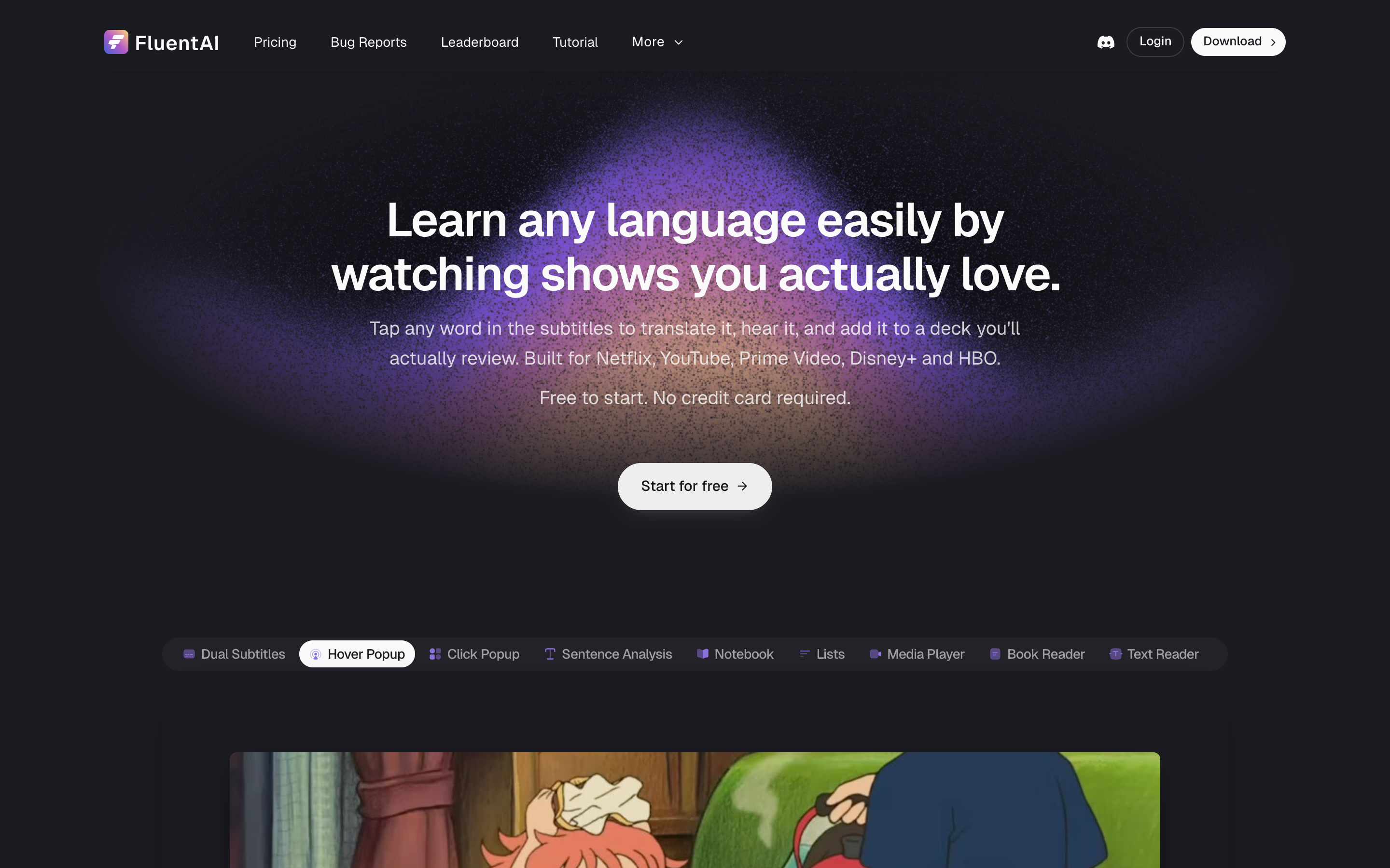 FluentAI website — dual subtitles for Netflix and YouTube